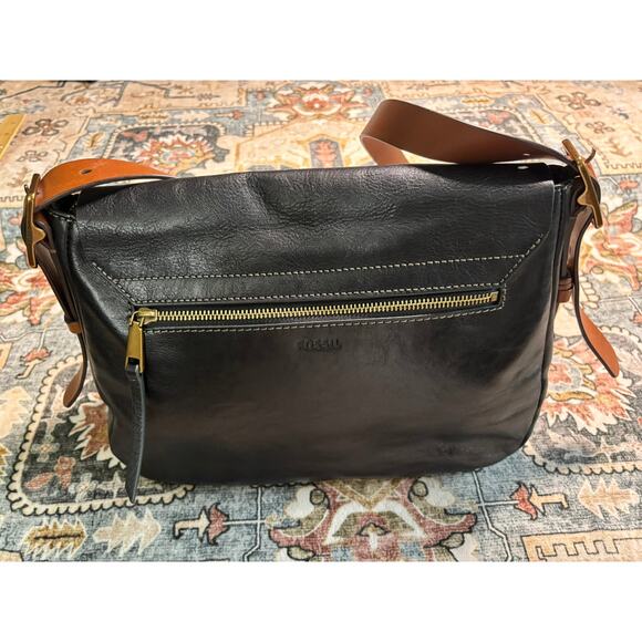 Fossil Crossbody Satchel Purse Medium Tote Black Leather Rocker Bag - Picture 7 of 14